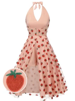 Clearance Retro Stage 2PCS 1950s Halter Strawberry Romper & Umbrella Skirt Pink