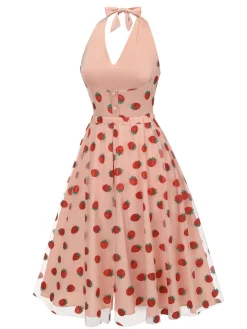 Clearance Retro Stage 2PCS 1950s Halter Strawberry Romper & Umbrella Skirt Pink