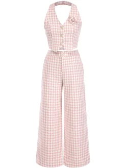 Outlet Retro Stage 2PCS 1930s Houndstooth Halter Crop Top & Pants Pink