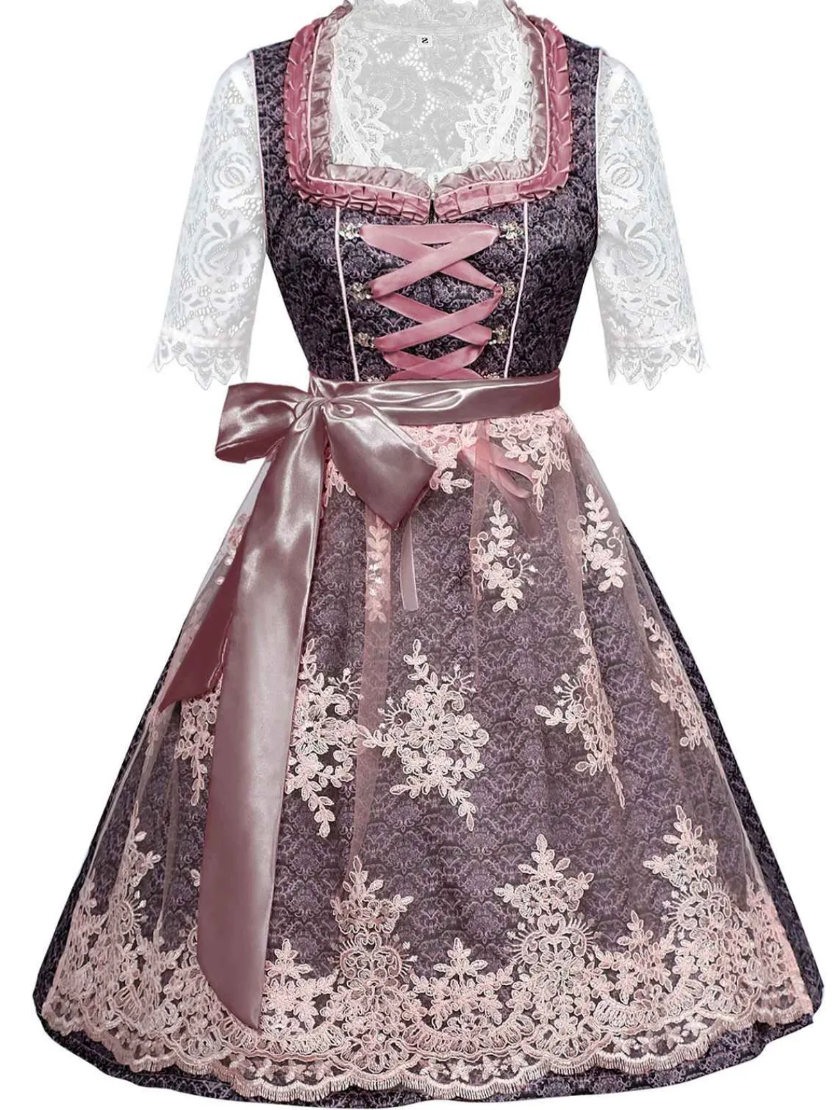 Best Retro Stage 3PCS 1950s Lace Top & Embroidered Ribbon Dress Pink