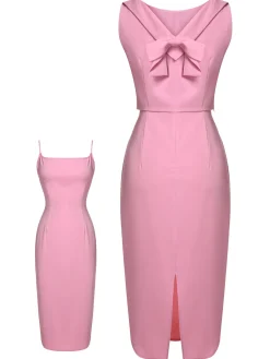 Outlet Retro Stage 2PCS Pink 1960s Lapel Bowknot Blouse & Solid Spaghetti Strap Dress Pale Pink