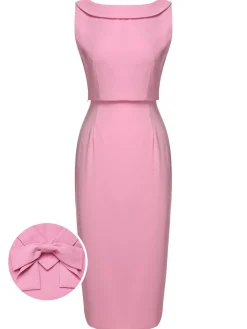 Outlet Retro Stage 2PCS Pink 1960s Lapel Bowknot Blouse & Solid Spaghetti Strap Dress Pale Pink