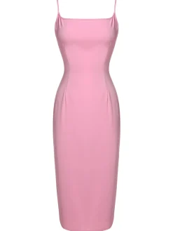 Outlet Retro Stage 2PCS Pink 1960s Lapel Bowknot Blouse & Solid Spaghetti Strap Dress Pale Pink