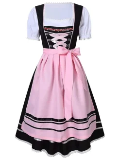 Fashion Retro Stage 2PCS 1950s Oktoberfest Puff Sleeves Embroidered Dress Pink