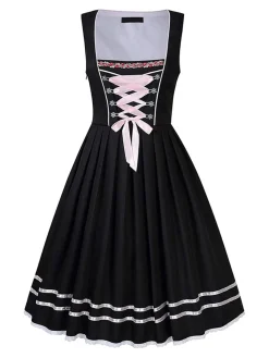 Fashion Retro Stage 2PCS 1950s Oktoberfest Puff Sleeves Embroidered Dress Pink