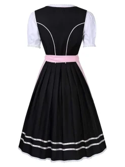 Fashion Retro Stage 2PCS 1950s Oktoberfest Puff Sleeves Embroidered Dress Pink