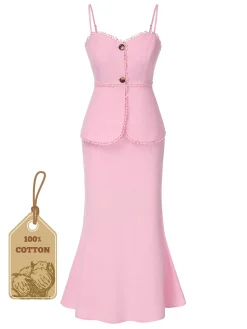 Online Retro Stage 2PCS 1930s Solid Cotton Spaghetti Strap Camisole & Fishtail Skirt Pink