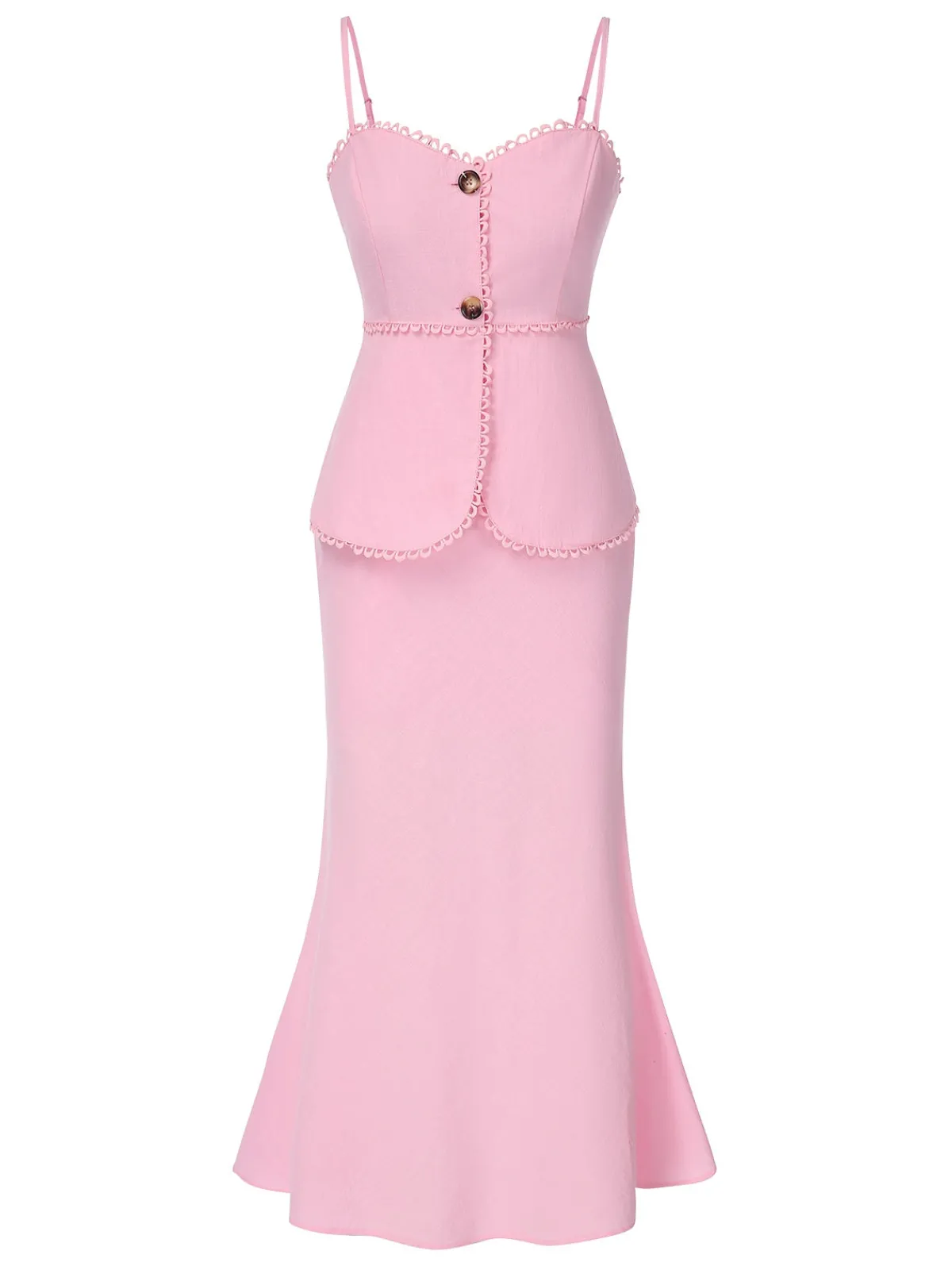 Online Retro Stage 2PCS 1930s Solid Cotton Spaghetti Strap Camisole & Fishtail Skirt Pink