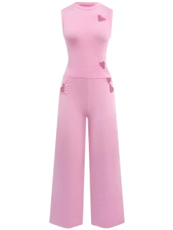 Hot Retro Stage 2PCS Pink 1950s Solid Heart Hollow Vest & Pants Dark Pink