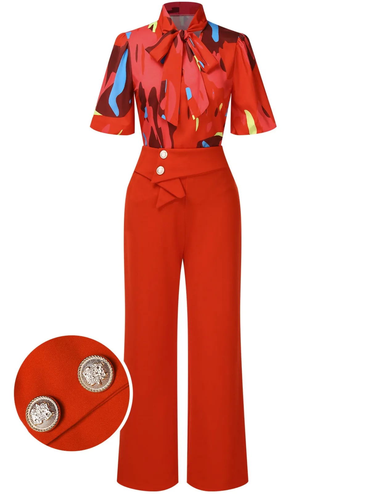 Sale Retro Stage 2PCS Red 1950s Abstract Prints Blouse & Solid Pants Orange Red