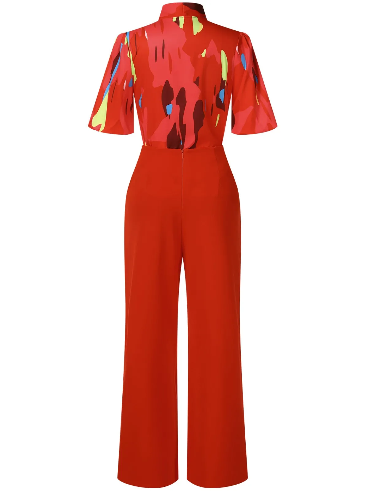 Sale Retro Stage 2PCS Red 1950s Abstract Prints Blouse & Solid Pants Orange Red