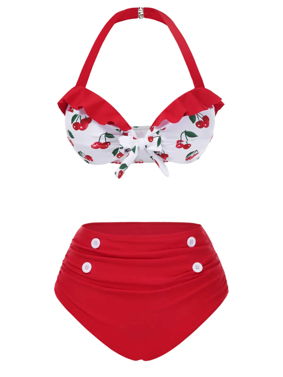 New Retro Stage 2PCS 1950s Cherry Bikini & Tie-Waist Cover up Red