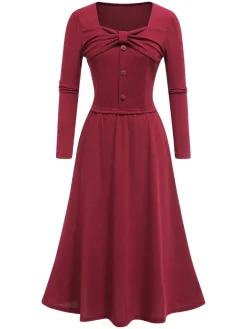 Hot Retro Stage 2PCS 1950s Corduroy Bow Top & Skirt Red