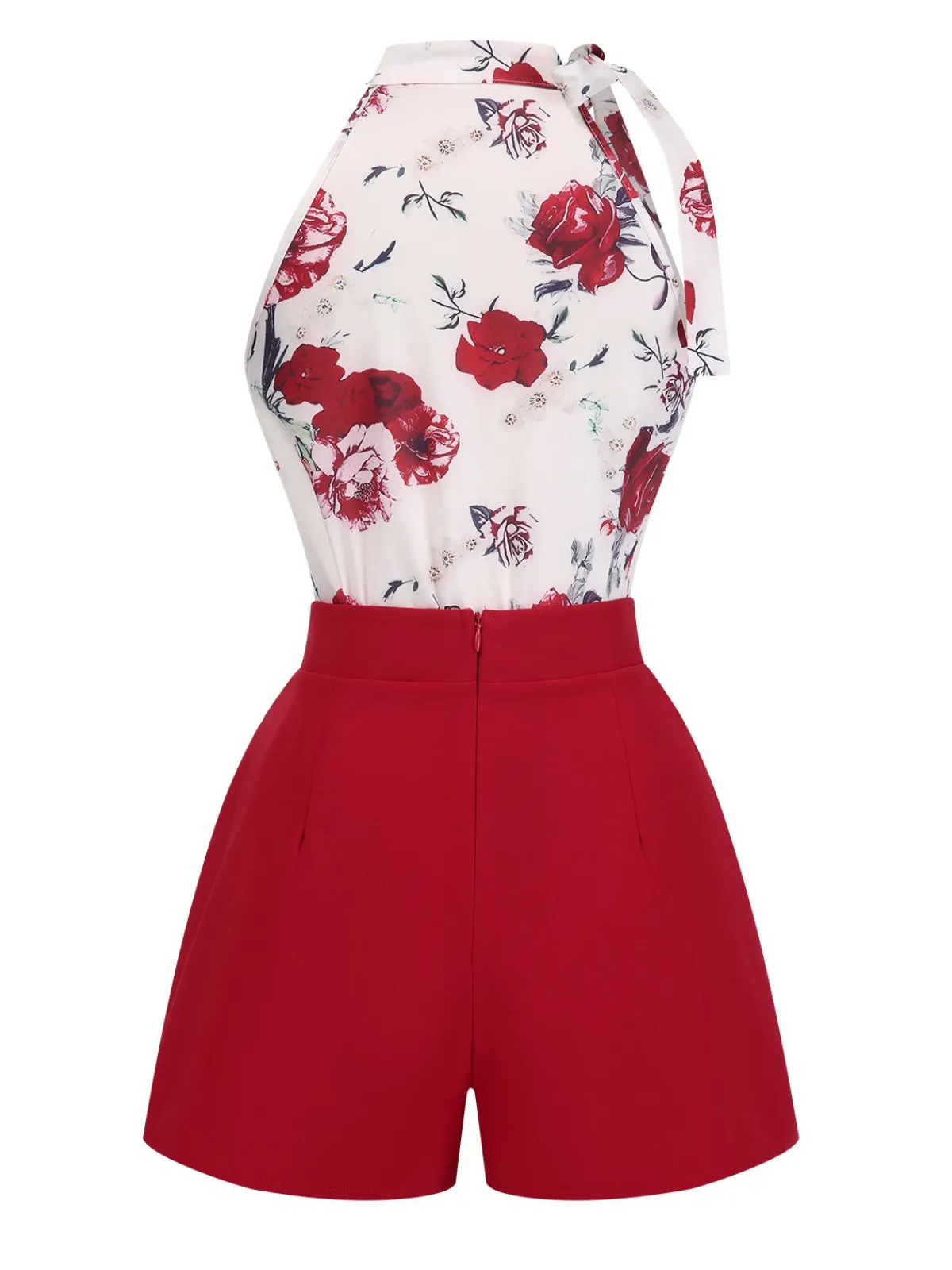 Sale Retro Stage 2PCS 1940s Floral Tie Neck Top & Buttoned Short Red