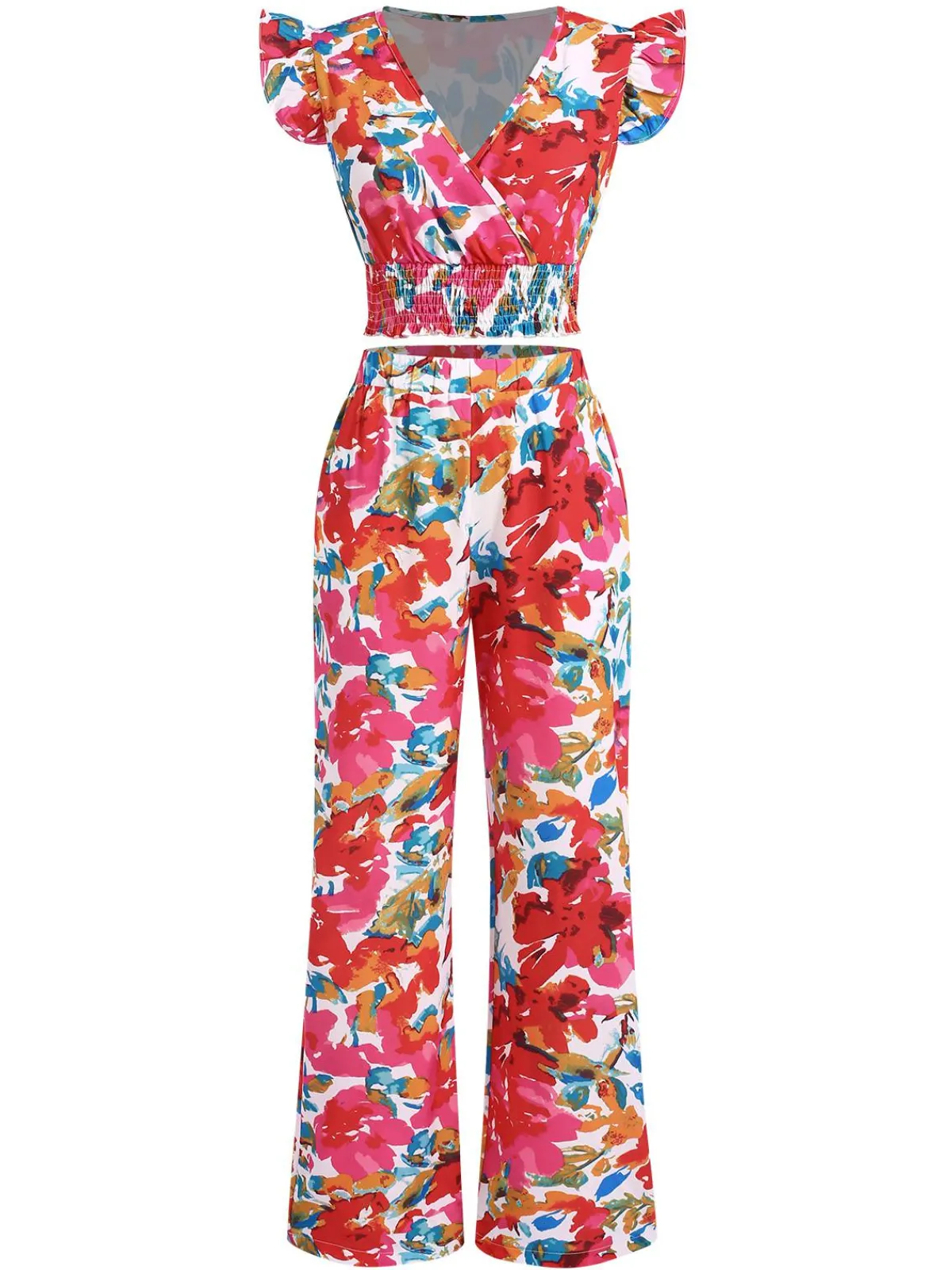 New Retro Stage 2PCS 1970s Flower Ruffled Smocked Top & Wide-Leg Pants Red
