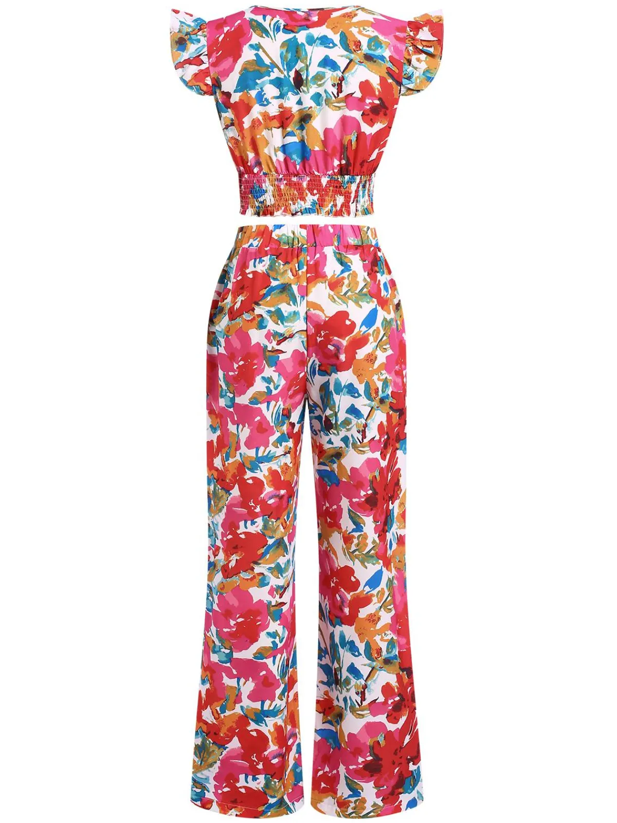 New Retro Stage 2PCS 1970s Flower Ruffled Smocked Top & Wide-Leg Pants Red