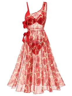 Clearance Retro Stage 2PCS 1960s Glitter Ring Bikini Set & Roses Cover-Up Red