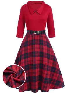 Best Retro Stage 2PCS 1940s Lapel Top & Plaid Skirt Red