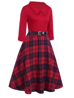 Best Retro Stage 2PCS 1940s Lapel Top & Plaid Skirt Red