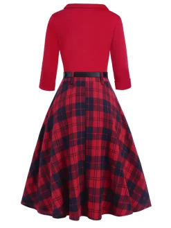 Best Retro Stage 2PCS 1940s Lapel Top & Plaid Skirt Red