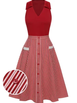 Sale Retro Stage 2PCS 1940s Lapel Top & Stripes Skirt Red