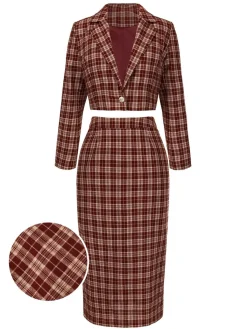 Clearance Retro Stage 2PCS 1960s Plaid Lapel Short Coat & Slit Skirt Red
