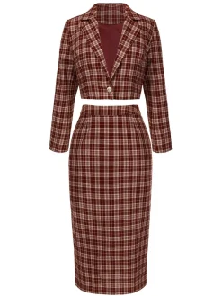 Clearance Retro Stage 2PCS 1960s Plaid Lapel Short Coat & Slit Skirt Red