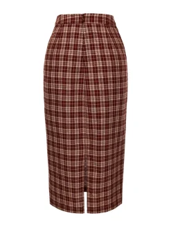 Clearance Retro Stage 2PCS 1960s Plaid Lapel Short Coat & Slit Skirt Red