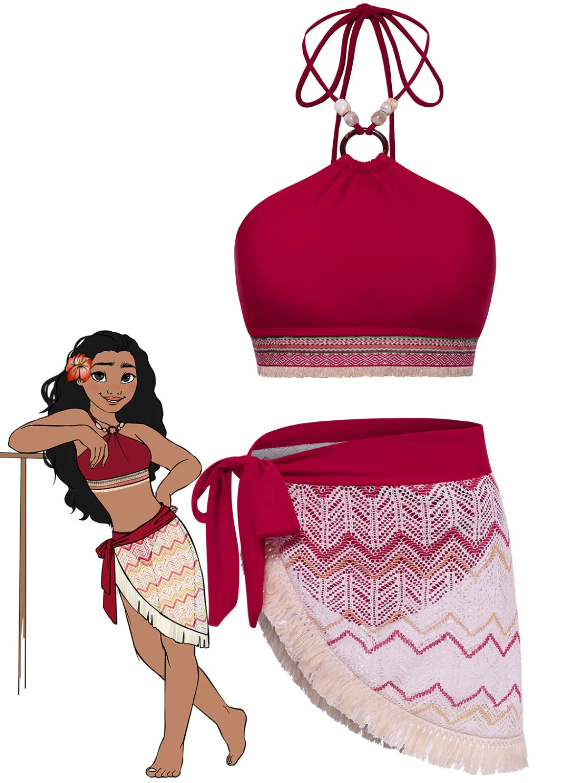 Outlet Retro Stage 2PCS Red 1970s Princess Style Bikini Set & Fringe Cover-Up Deep Red