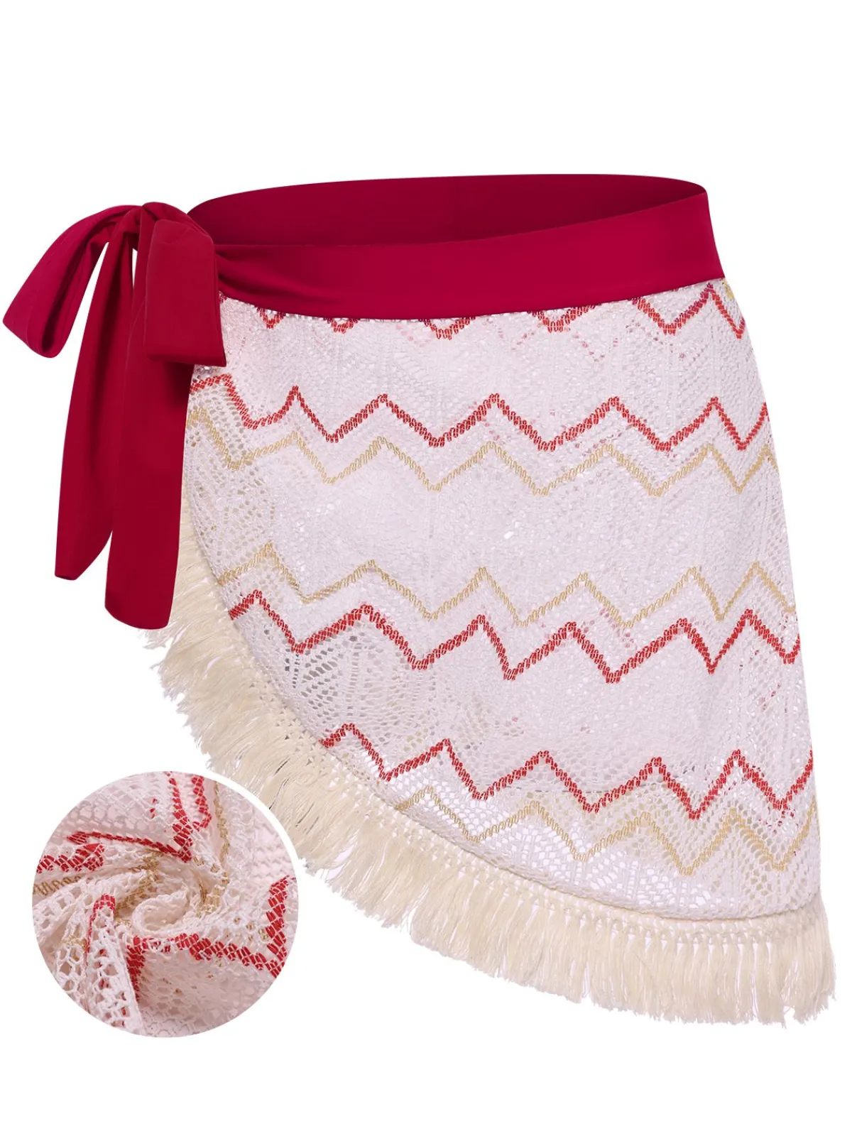 Outlet Retro Stage 2PCS Red 1970s Princess Style Bikini Set & Fringe Cover-Up Deep Red