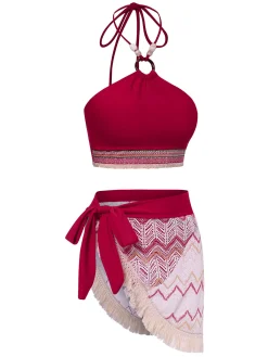 Outlet Retro Stage 2PCS Red 1970s Princess Style Bikini Set & Fringe Cover-Up Deep Red