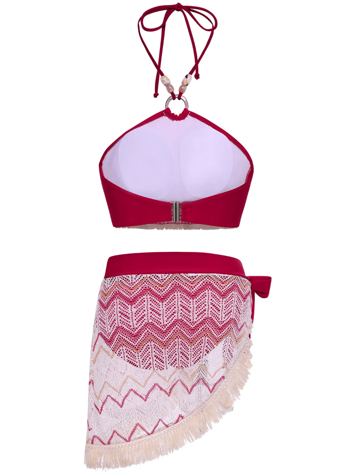 Outlet Retro Stage 2PCS Red 1970s Princess Style Bikini Set & Fringe Cover-Up Deep Red
