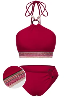 Outlet Retro Stage 2PCS Red 1970s Princess Style Bikini Set & Fringe Cover-Up Deep Red