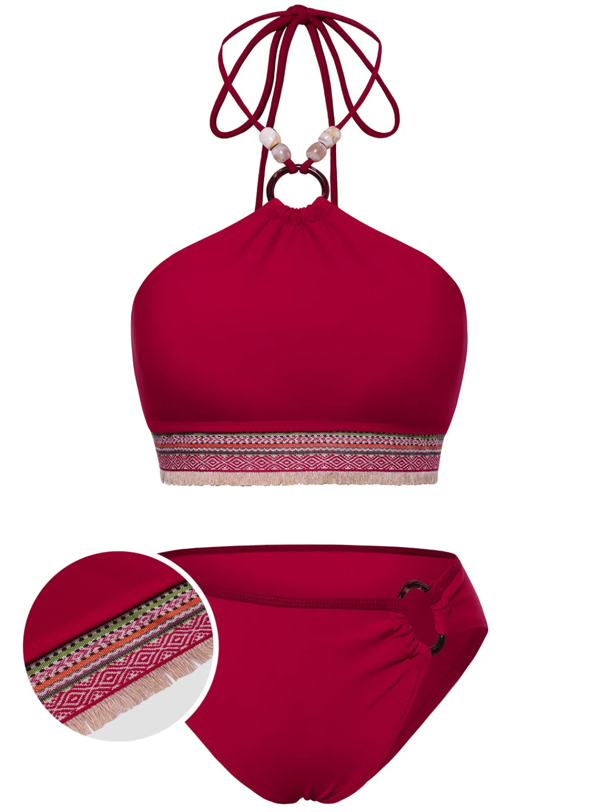 Outlet Retro Stage 2PCS Red 1970s Princess Style Bikini Set & Fringe Cover-Up Deep Red