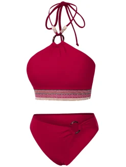 Outlet Retro Stage 2PCS Red 1970s Princess Style Bikini Set & Fringe Cover-Up Deep Red