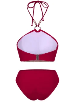 Outlet Retro Stage 2PCS Red 1970s Princess Style Bikini Set & Fringe Cover-Up Deep Red