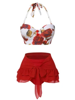 Outlet Retro Stage 2PCS Red 1960s Roses Halter Swimsuit & Skirt Cover-Up