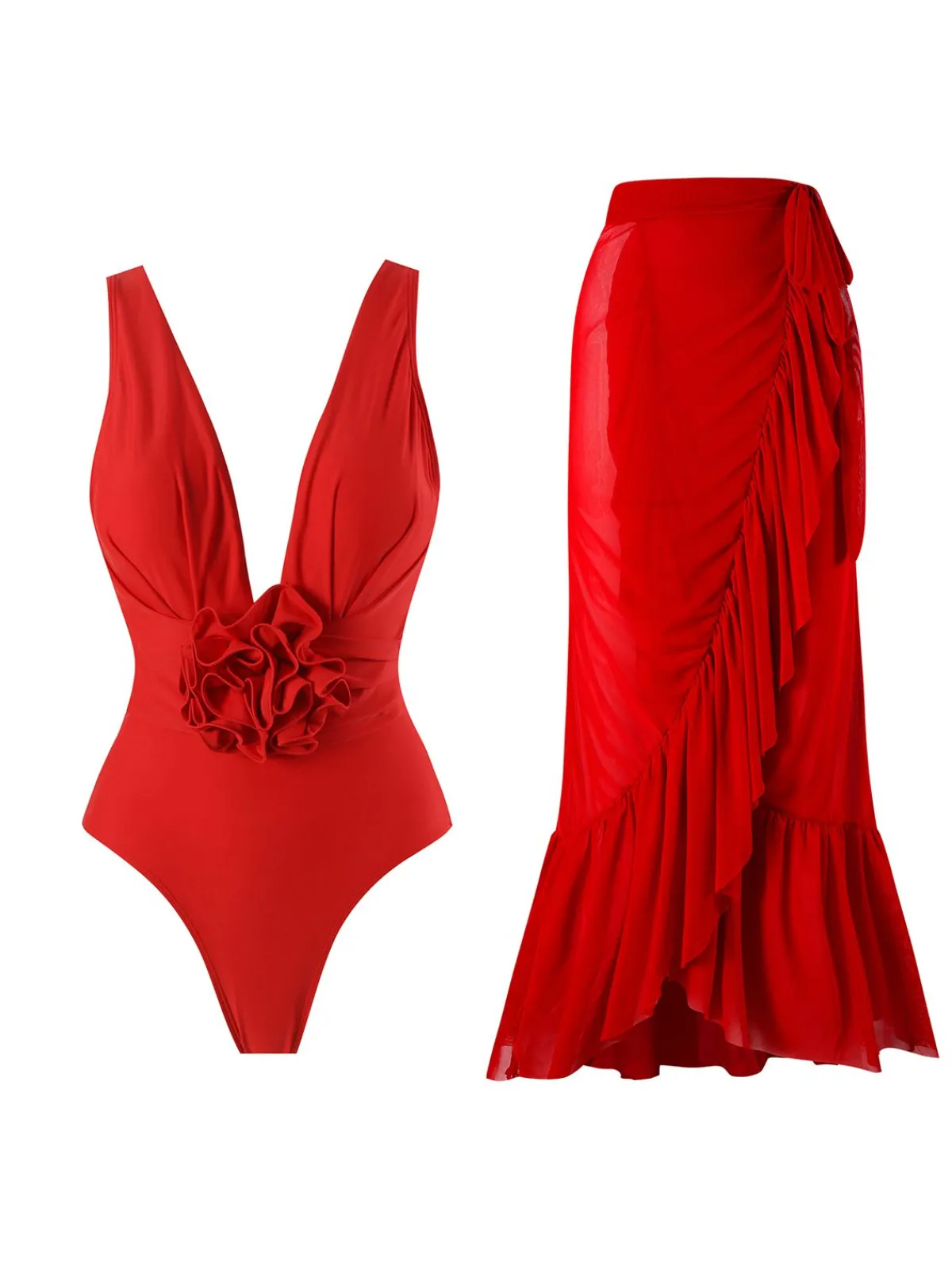 Clearance Retro Stage 2PCS 1960s Solid 3D Flowers Swimsuit & Cover-Up Red