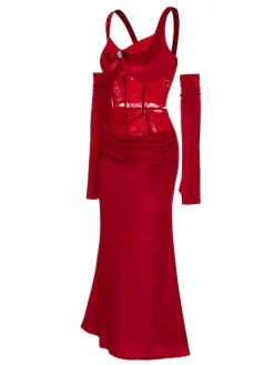 Hot Retro Stage 2PCS Red 1930s Velvet Lace Patchwork Top & Skirt Deep Red