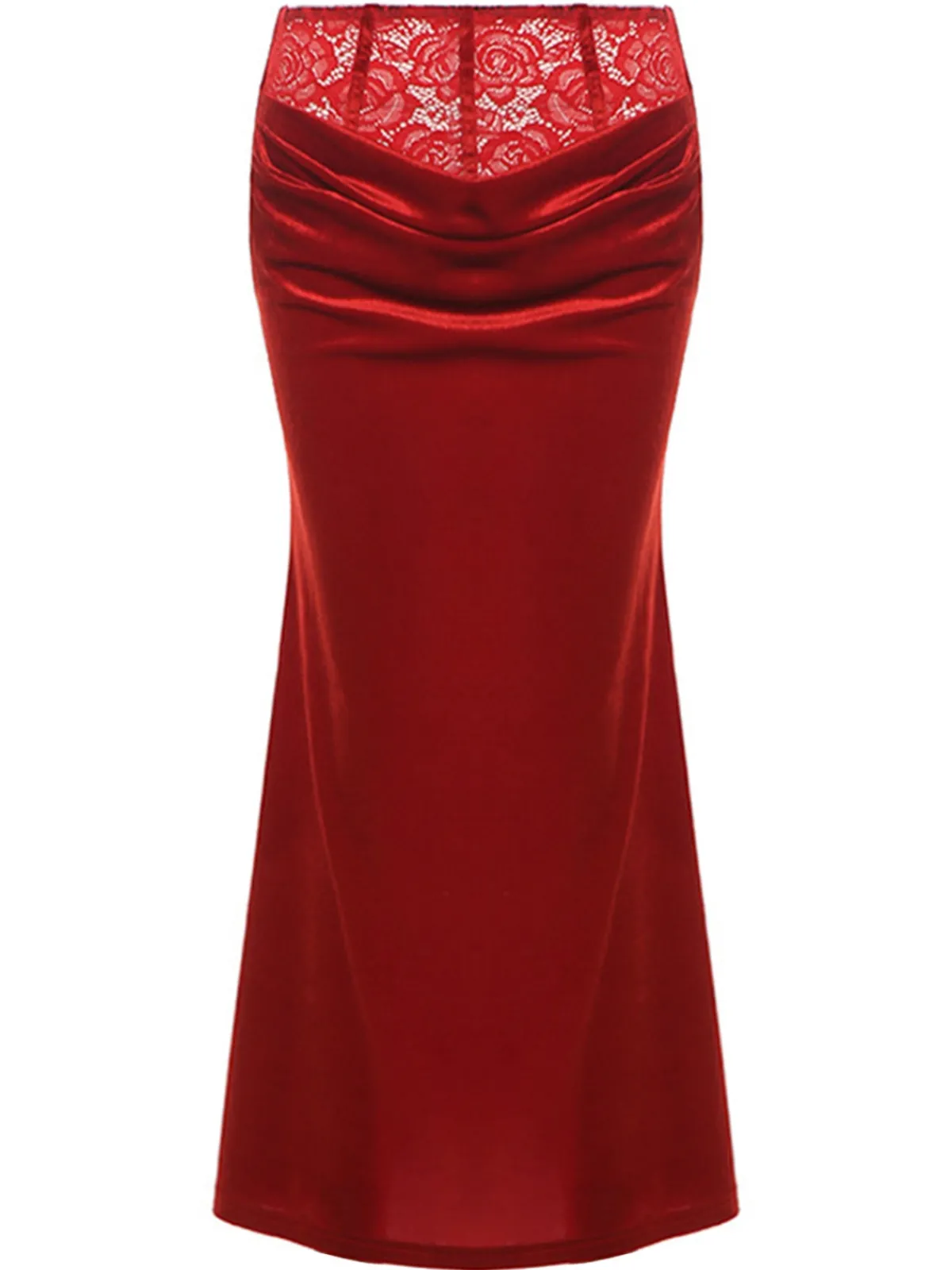 Hot Retro Stage 2PCS Red 1930s Velvet Lace Patchwork Top & Skirt Deep Red