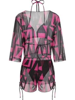 Best Retro Stage 3PCS 1960s Geometric Bikini Set & Cover-Up Rose Red
