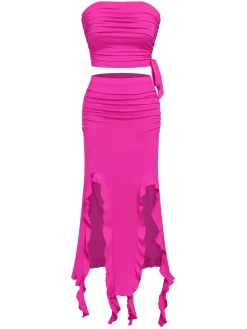 Best Retro Stage 2PCS 1970s Tube Top & Irregular Skirt Rose Red