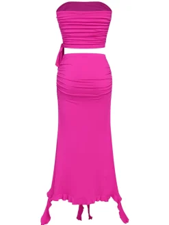 Best Retro Stage 2PCS 1970s Tube Top & Irregular Skirt Rose Red