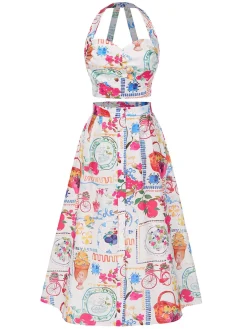 Clearance Retro Stage 2PCS 1950s All-Over Stamps Crop Top & Skirt Multicolor