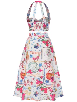Clearance Retro Stage 2PCS 1950s All-Over Stamps Crop Top & Skirt Multicolor