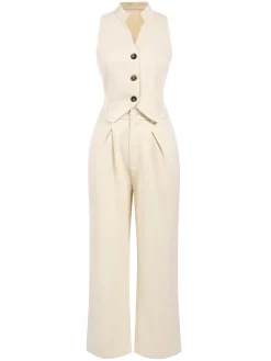 Hot Retro Stage 2PCS 1960s Buttoned Vest Top & Pocket Wide Leg Pants Beige