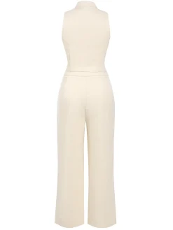 Hot Retro Stage 2PCS 1960s Buttoned Vest Top & Pocket Wide Leg Pants Beige
