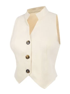 Hot Retro Stage 2PCS 1960s Buttoned Vest Top & Pocket Wide Leg Pants Beige