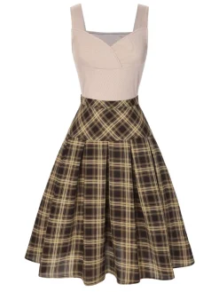 Hot Retro Stage 2PCS 1950s Beige Knitted Top & Plaid Pleated Skirt Light Brown