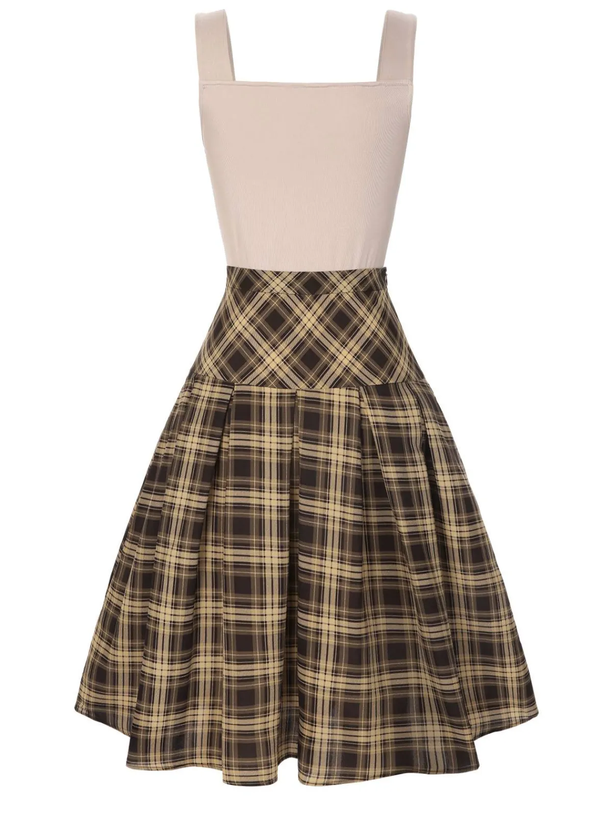 Hot Retro Stage 2PCS 1950s Beige Knitted Top & Plaid Pleated Skirt Light Brown